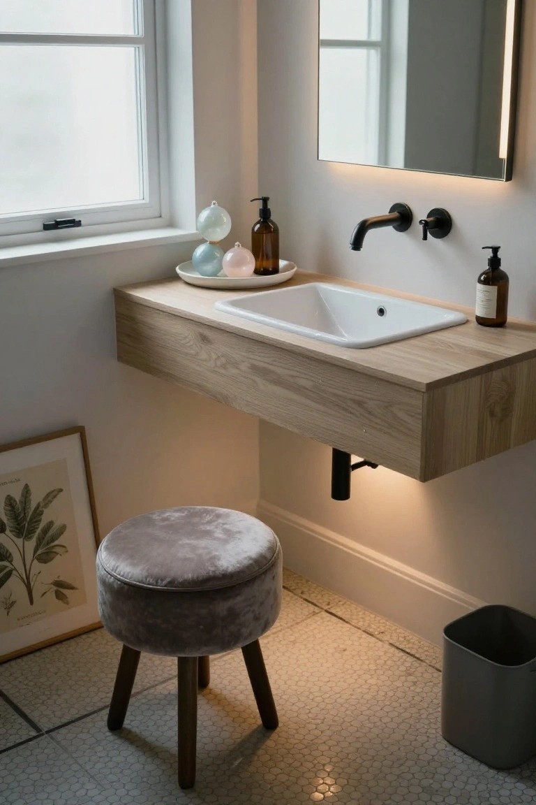 Bathroom vanity made of light oak wood with a white rectangular sink, black wall-mounted faucet, stacked clear glass ornaments in pastel blue and pink on a white plate, amber glass lotion bottles, a framed botanical print, purple velvet stool on hexagonal tile floor, and gray trash bin in the corner.
