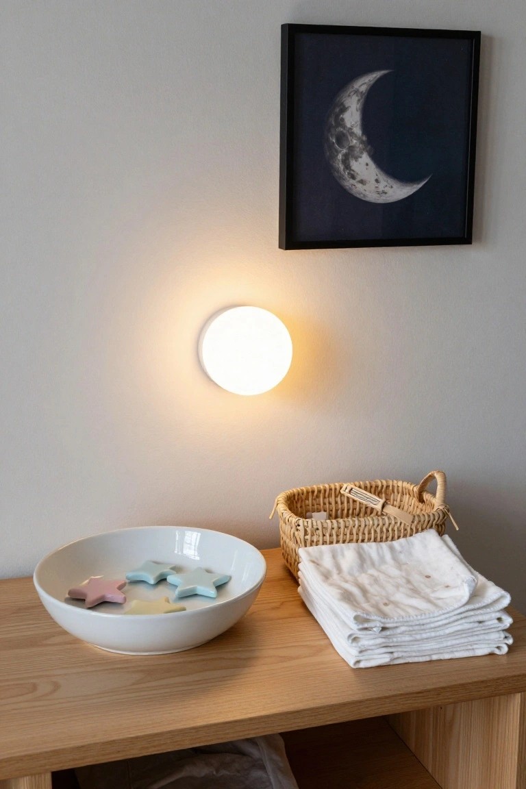 Wooden side table with a white bowl containing several pastel-colored wooden star shapes, a woven basket holding stacked white cloths, a round white wall light glowing softly, and a framed print of a crescent moon on a light gray wall.