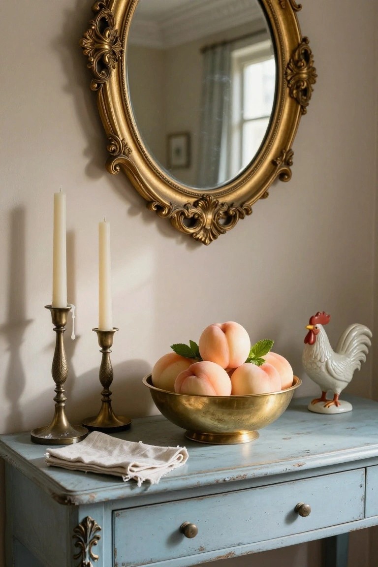 Distressed blue painted wooden table with drawers holding a gold bowl filled with peaches and mint leaves, flanked by two brass candlesticks with white candles, a folded linen napkin, and a white ceramic rooster figurine, ornate gold-framed oval mirror on beige wall above.