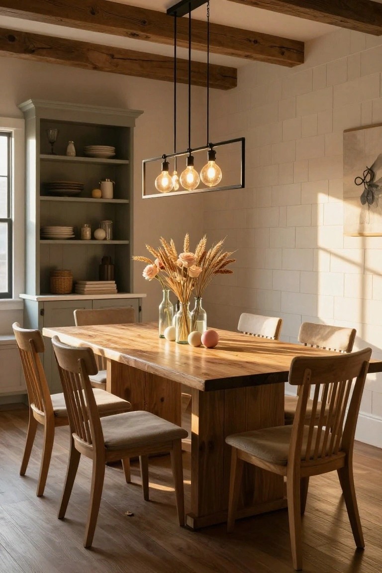 Dining room featuring a long rectangular wooden table with six wooden chairs, a black linear pendant light with four exposed bulbs above, pampas grass and flower arrangement in glass bottles on the table, sage green cabinet, white subway tile walls, and wooden beam ceiling.