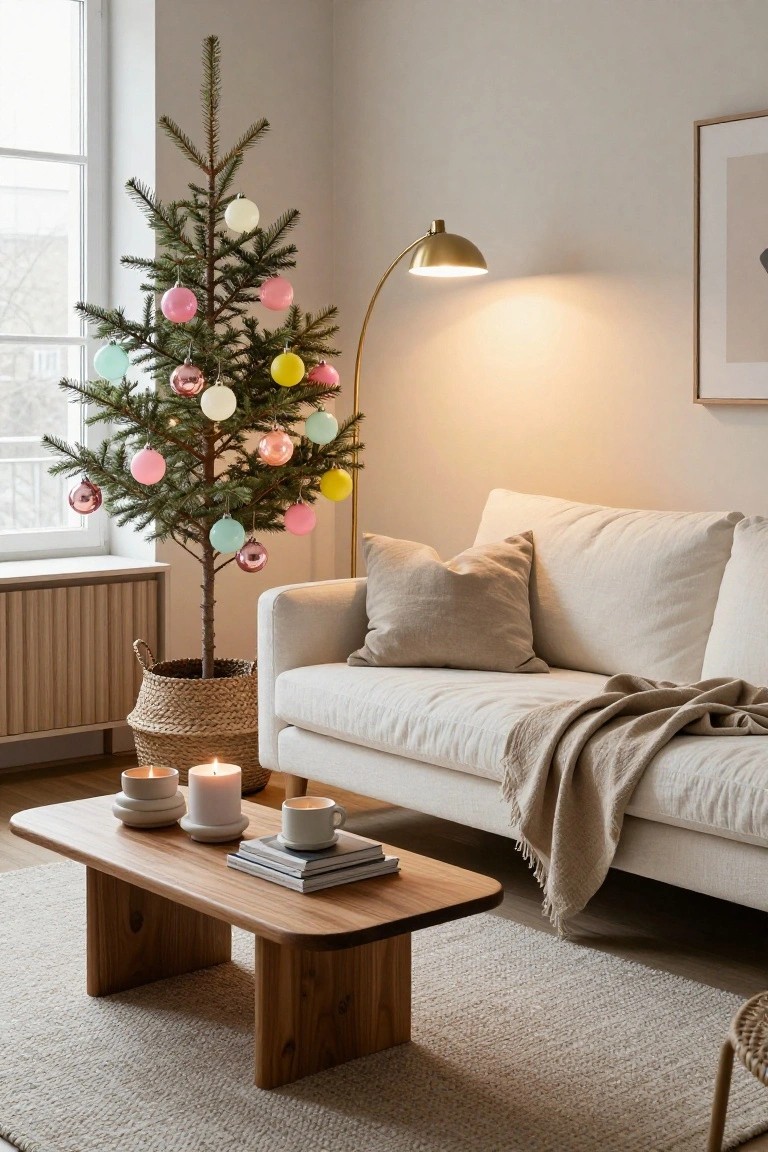 A small potted Christmas tree decorated with pastel pink, blue, yellow, and metallic ornaments stands next to a beige linen sofa in a light neutral living room with wooden coffee table, candles, and floor lamp.