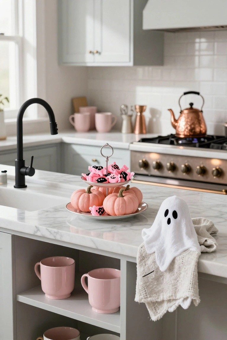 Kitchen with blush pink subway tile backsplash, marble island holding white and orange pumpkins on a white plate, pink scale, brass faucet in white sink, gray cabinets, black stools, wooden shelves with pink dishes, and rattan pendant light.