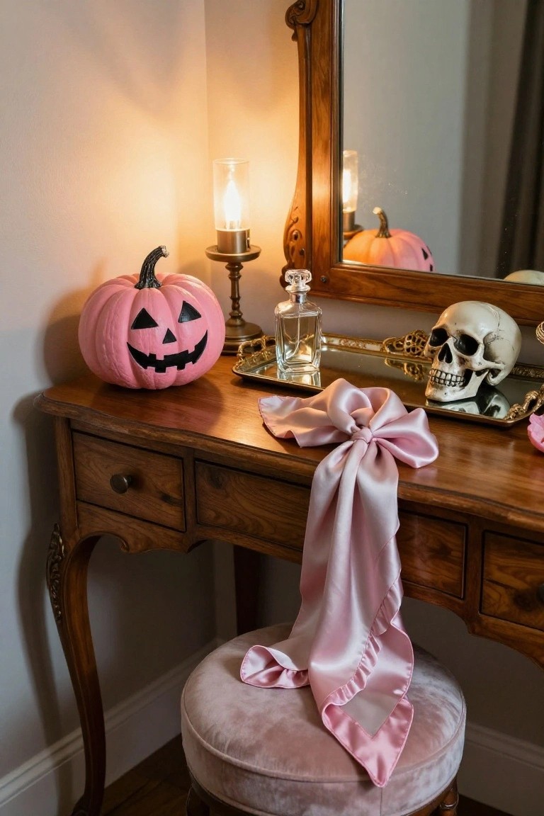 Blush pink kitchen cabinets with open shelves holding pink mugs, hammered brass island countertop holding a bowl of pastel pumpkins and a cream vase of dried pampas grass, two gunmetal bar stools, black pendant light, and glass door to outdoors in background.