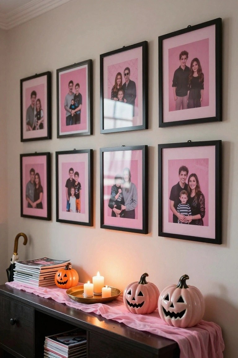 Pink bookshelves filled with colorful books including Halloween-themed covers, purple velvet armchair draped with pink blanket and open Halloween book, tall snake plant in basket, and white side table with pink-domed glass over sugar skull decoration and cookies.