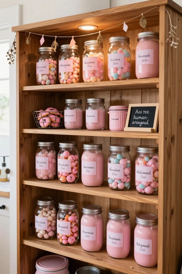 White sewing machine on a wooden desk in a light-filled room, with stacked pink and colorful fabrics, wooden shelves holding jars of buttons and ribbons, pink ribbon, and a corkboard displaying embroidered white ghosts and pink ghost cutouts.