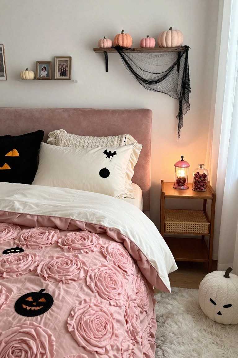 Pink nursery room with white crib topped by a Halloween mobile of ghosts and pumpkins, crescent moon wall light, rocking chair with pink pillow, bookshelf, and scalloped pink rug.