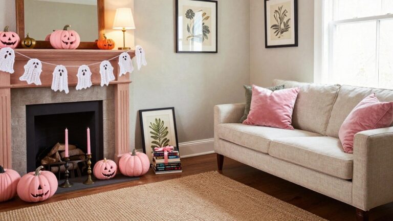 Living room featuring a brick fireplace mantel decorated with pink garland, pink and white pumpkins, pampas grass in a pink vase, and a rattan mirror above; beige armchairs with pink pillows flank the fireplace, and a wood coffee table holds white skull figurines and books.