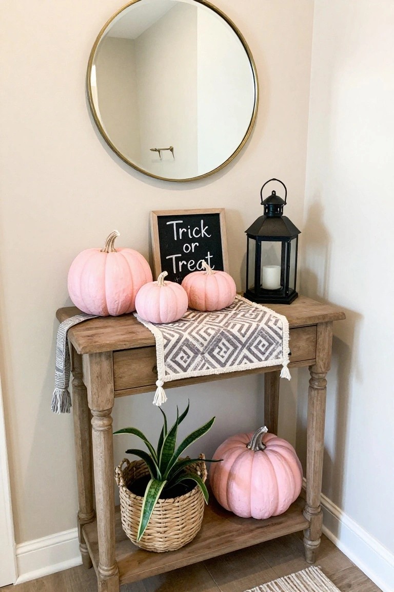 Pink bedroom with rattan headboard, pink linens and throw, white paper ghost cutouts on wall amid framed photos, sheer curtains, pink nightstand with lamp, wooden nightstand with lavender vase, and pink rug.