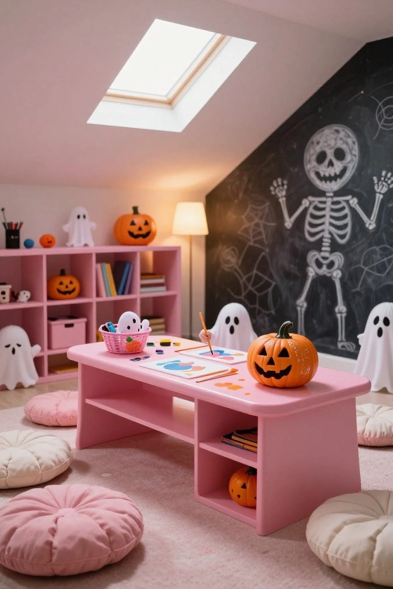 Cozy bedroom corner with low pink daybed covered in pink linens, stacked pink pillows on the floor, dried roses in pink pottery vases, brass floor lamp, and garland of assorted pastel fabric ghosts hanging from sheer white curtains over a window.