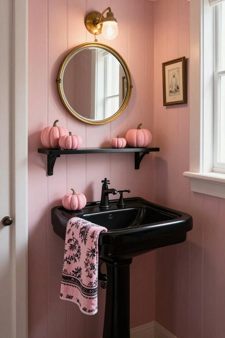 Blush pink bedroom with wooden bed, pink bedding, nightstand holding brass lamp, gold tray with pink glass pumpkin and white pumpkin, rattan basket of pink grapes, botanical print on wall, floral curtains at window, pink rug on wood floor.