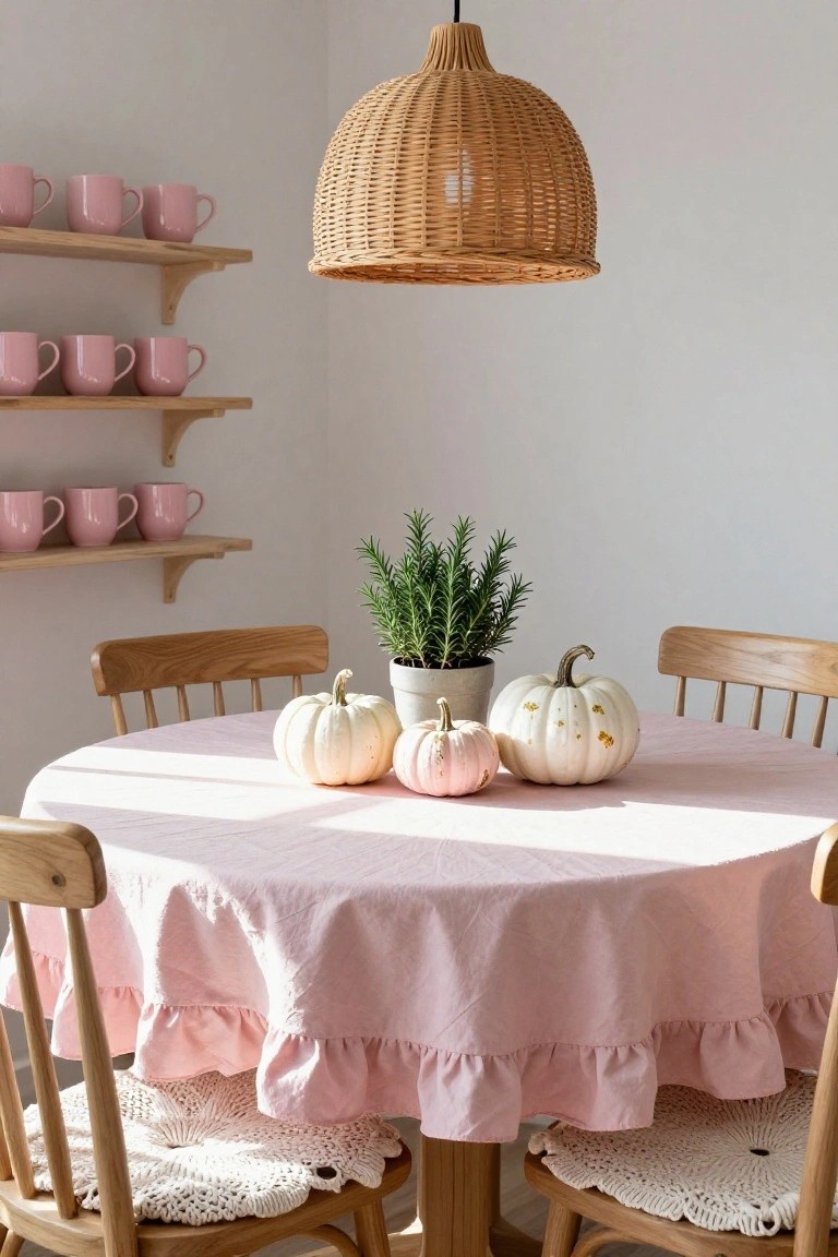 Beige entryway corner with pink console table holding pink vase of dried flowers, small pink pumpkin, gold tray, and small orange pumpkin, plus larger orange pumpkins on table and floor, gold mirror with pink rose wreath above, pink skirted stool beside, and striped rug below.