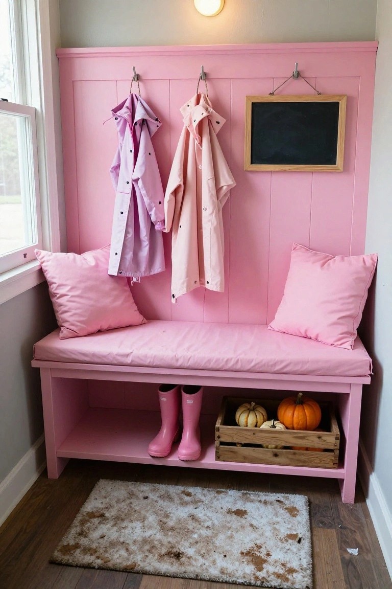 Pink painted wall with built-in shelves holding three wicker baskets labeled for children, various hats including pink felt and white knit styles, a lower bench with pink cushion and white bowl of multicolored candy balls, round mirror above, and ghost decoration.