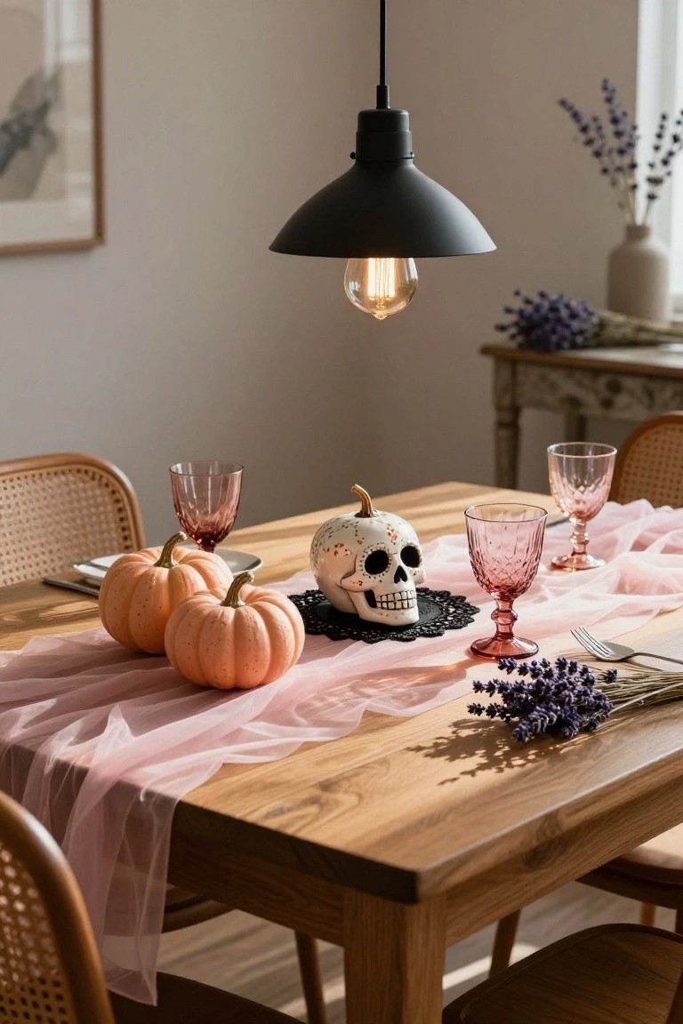 Wooden dining table in a light room with three-tiered stand of pink and teal ghost cupcakes, purple runner, small pink pumpkin, rattan chairs, and pink glassware.