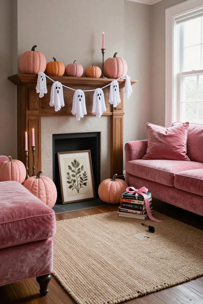 Living room featuring a brick fireplace mantel decorated with pink garland, pink and white pumpkins, pampas grass in a pink vase, and a rattan mirror above; beige armchairs with pink pillows flank the fireplace, and a wood coffee table holds white skull figurines and books.