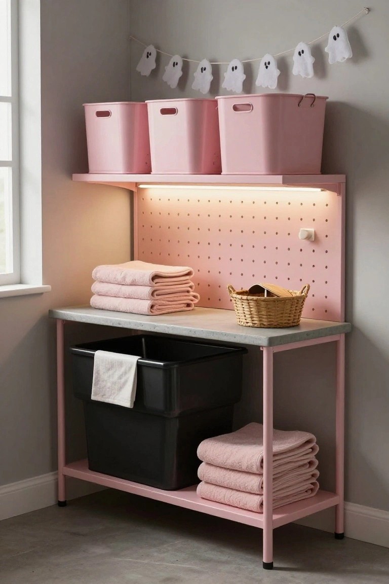 Pink pegboard wall with hanging pink scissors and paint bottles above a white desk covered in cut-out pink and white ghost shapes, with stacked pink storage boxes and a desk lamp nearby in a light room.