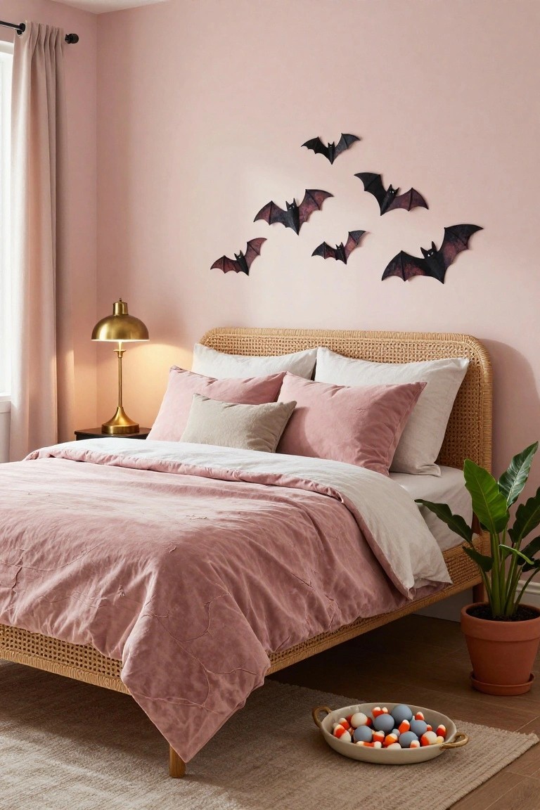Small pink powder room with black countertop and pink sink, gray ghost tiles on white backsplash, two pink skull soap dispensers, round gold mirror, pink towels on shelves, and black-and-pink checkered floor tiles.