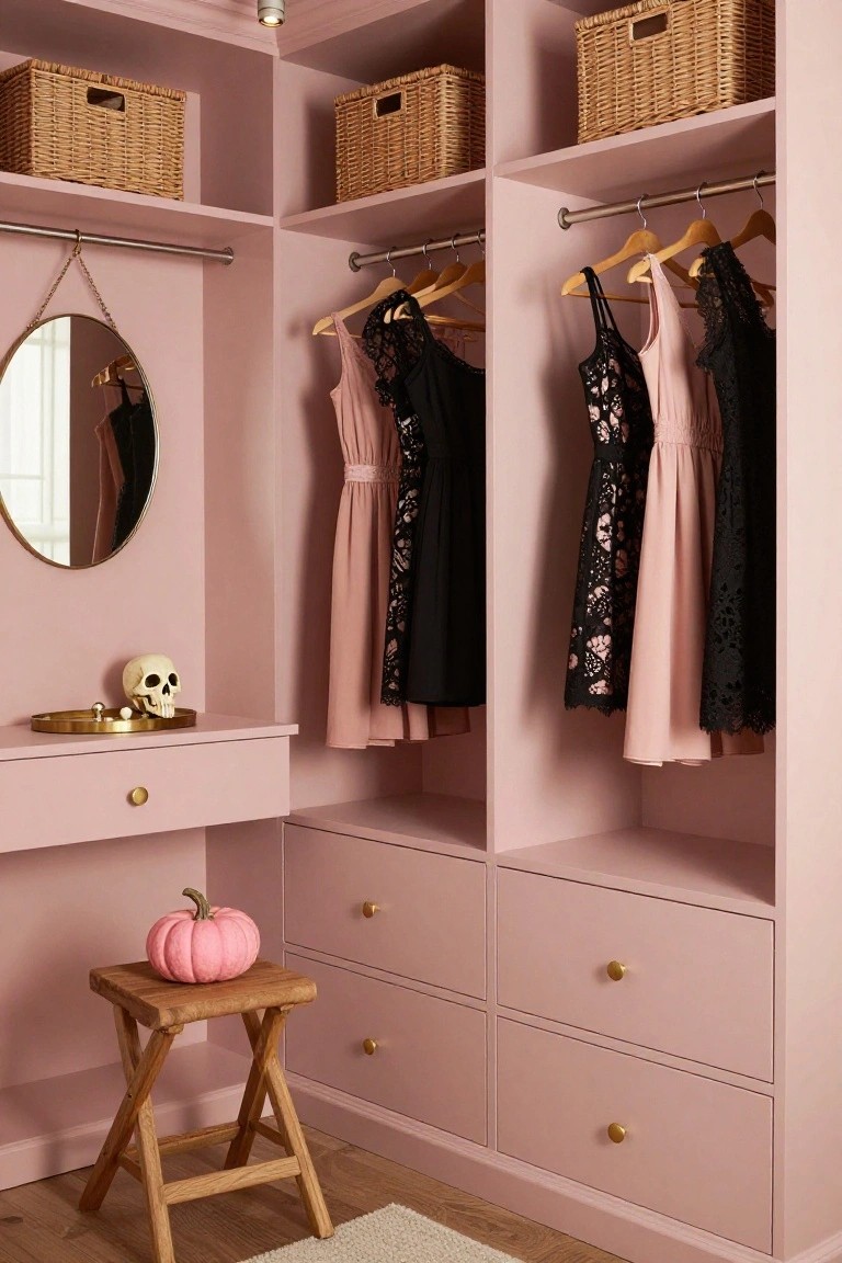 Pink shiplap-walled bathroom with white wall-mounted sink, gold faucet and drain, wooden shelf holding small pink pumpkins and a white seashell, rattan towel holder with pink towel, woven pendant light, framed leaf print, and window showing beach view.