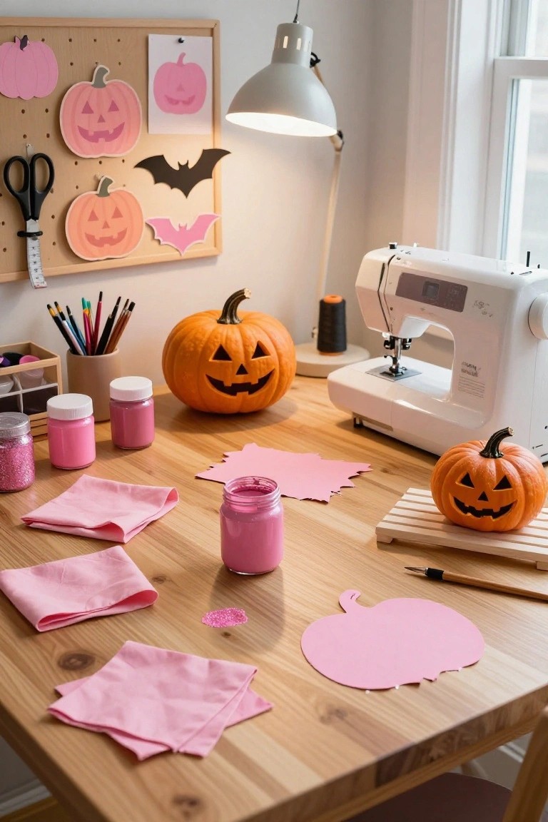 Pink fabric teepee tent with ghost string lights hanging inside and small orange pumpkins on a wooden table, in a white children's room with pink bat decorations and a teddy bear on the windowsill.