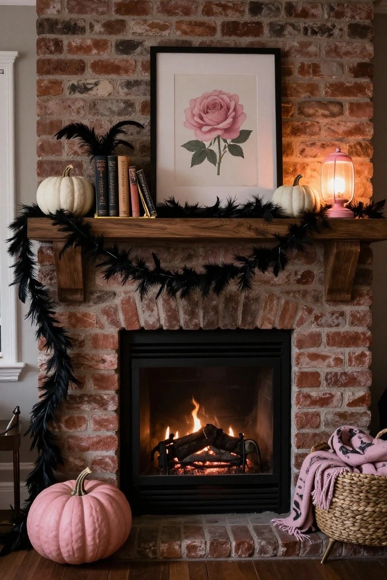 Cozy living room corner with pink L-shaped couch, white tapered-leg coffee table holding pink cupcakes under glass dome and scattered books, corkboard wall decorated with paper ghosts and garlands, string lights, and window.