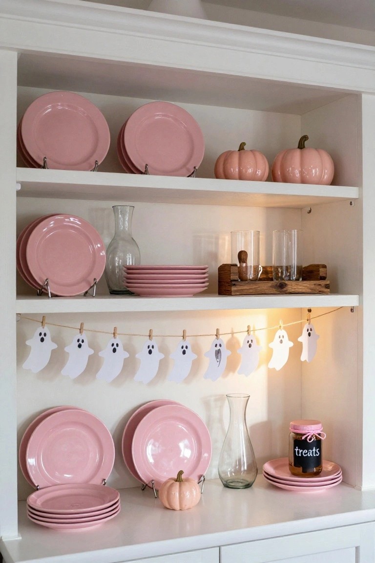 Blush pink bathroom corner with arched gold-framed mirror, black towel rail and hook, floating white stone sink, pink glass bottles on wall shelf, small orange pumpkins, and potted fern plant on counter.