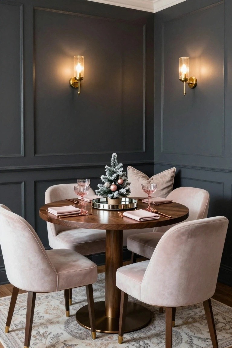 Corner dining area featuring dark paneled walls, round wooden table with brass pedestal base, four blush pink velvet chairs, small Christmas tree on mirrored tray, pink coupes, gold wall sconces, and patterned rug.