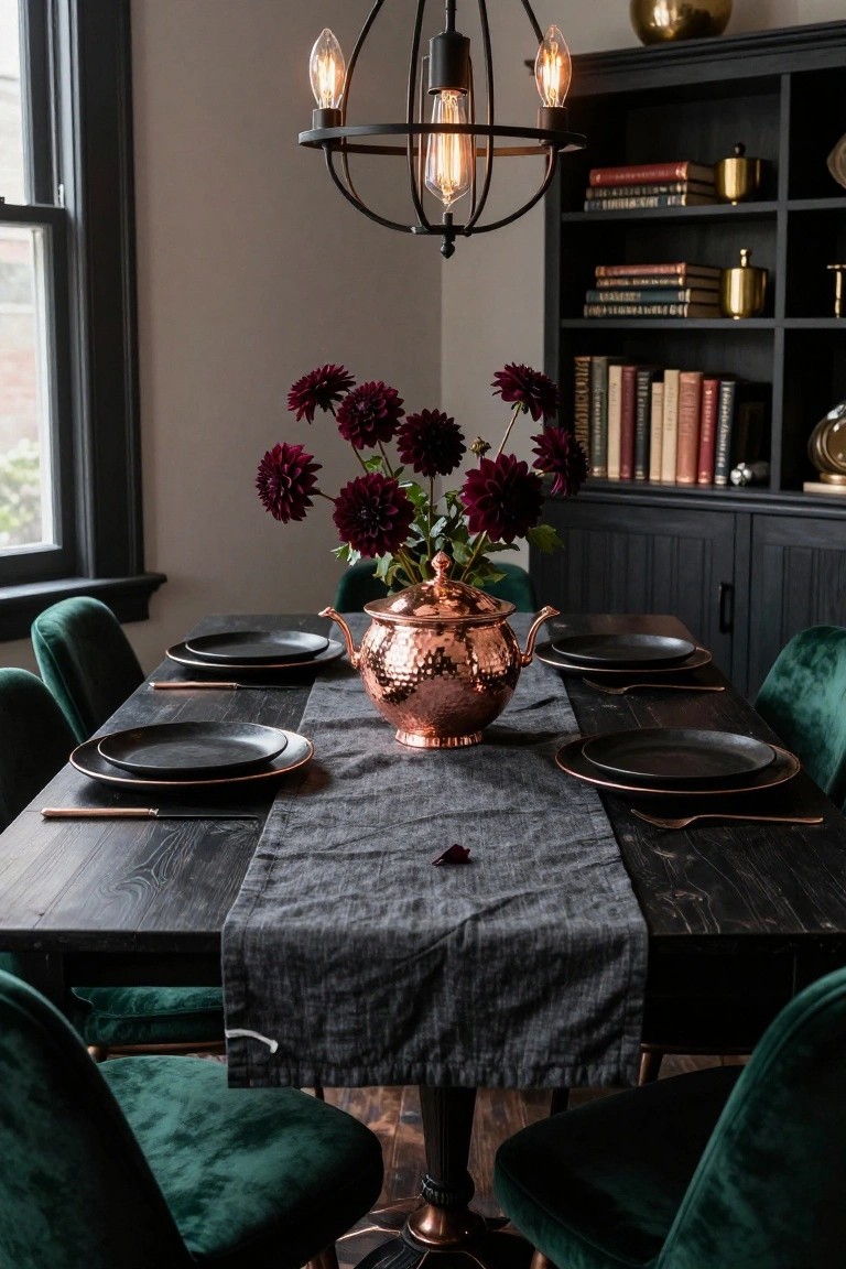 Dining table with black plates, hammered copper teapot centerpiece, dark dahlias in vase, wooden runner, set with dark-handled utensils, surrounded by green velvet chairs and black bookshelves in a dimly lit room.