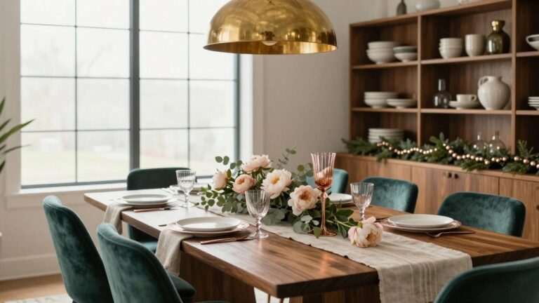 Dining room with wooden table set for a meal including white plates on rose gold chargers, rose gold stemware, peony and eucalyptus centerpiece, emerald green velvet chairs, gold pendant light, open wood shelves with pottery and garland, large windows, and beige rug.