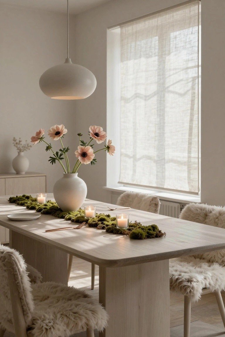 Dining table in a neutral room with a green moss runner holding white candles and glass votives, a large white vase of pink anemone flowers at center, rose gold utensils on white plates, and white shearling chairs around a light wood table near a window with sheer curtains.