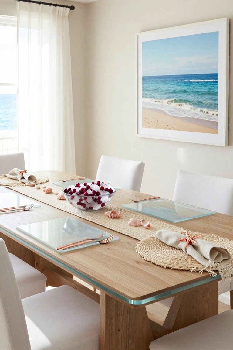 Dining table with clear glass bowl filled with red berries at center on beige runner lined with seashells, glass chargers, seagrass placemats with napkins and starfish, white chairs, sheer curtains, and ocean artwork on wall.