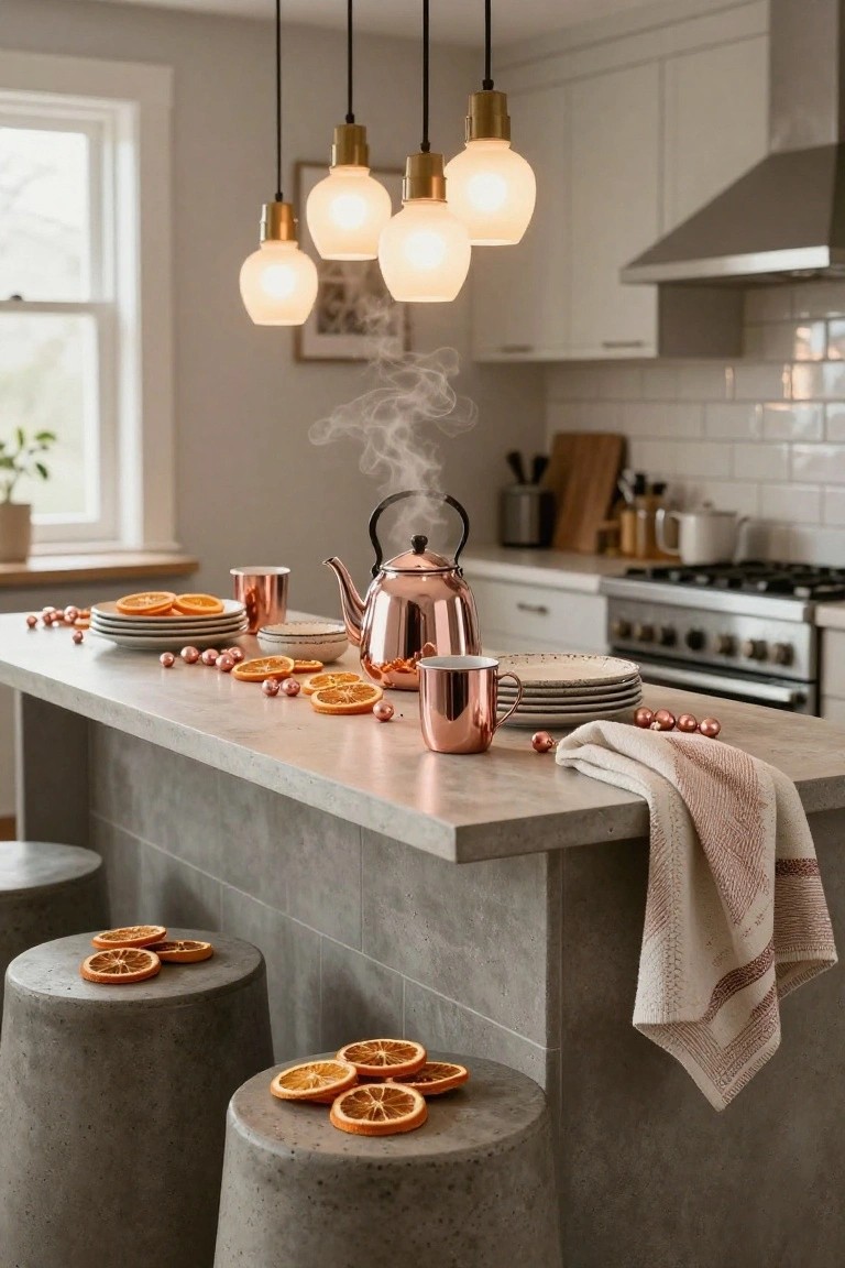 Kitchen island topped with steaming copper teapot, copper mugs, stacked plates, orange slices, and copper baubles, flanked by concrete stools under pendant lights with white cabinetry in background.
