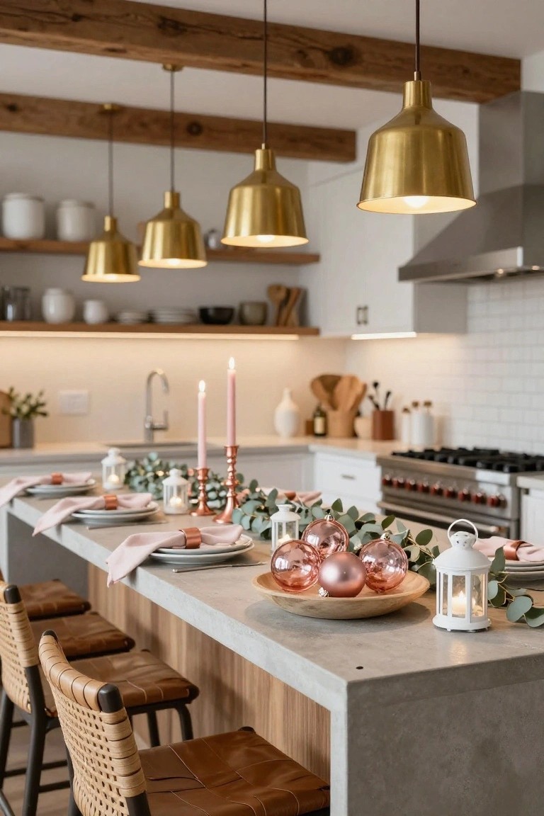 Kitchen island table set for Christmas with rose gold glass spheres in a wooden bowl, eucalyptus garland, pink candles, white lanterns, place settings, and leather stools under gold pendant lights.