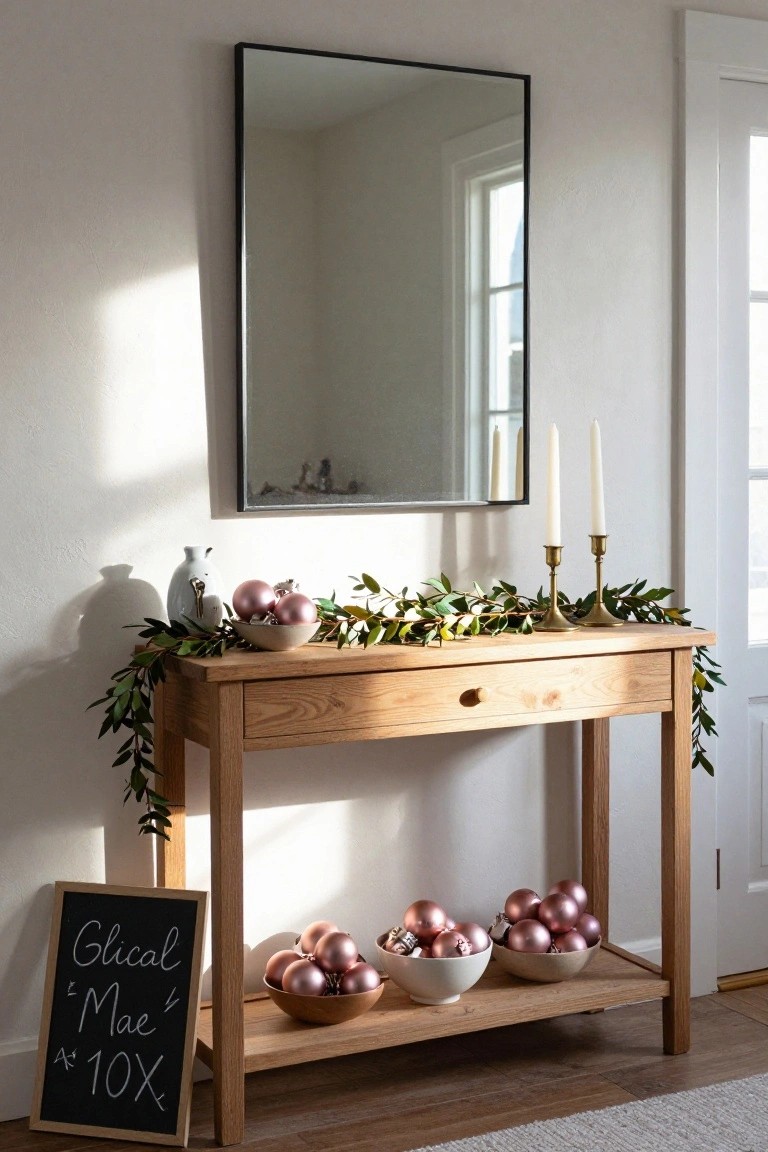 Wooden console table in a light entryway holding rose gold Christmas ornaments in white and terracotta bowls on the lower shelf, eucalyptus garland draped over the top with brass candlesticks and candles, a white vase with handle, and a chalkboard sign leaning nearby, black-framed mirror above.