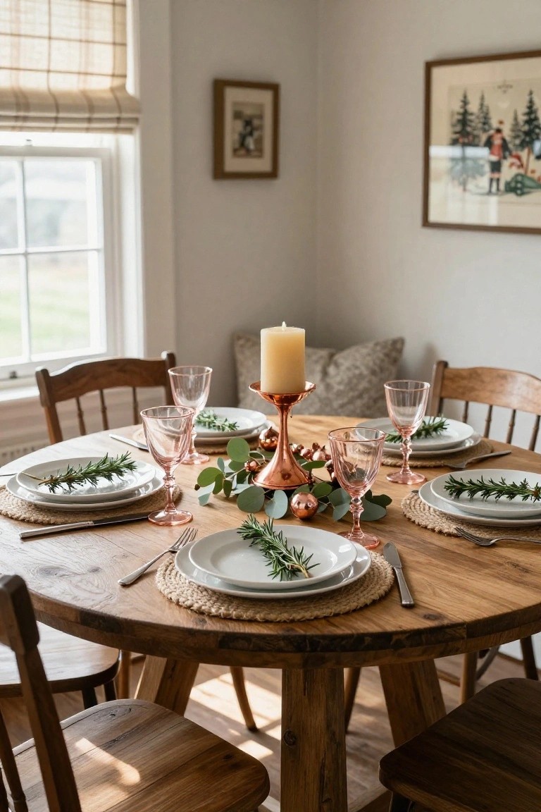Round wooden dining table set for four with white plates garnished by rosemary sprigs, blush pink wine glasses, rattan placemats, central rose gold candlestick holding a beige pillar candle, eucalyptus garland, and berry accents in a light beige room with wooden chairs.