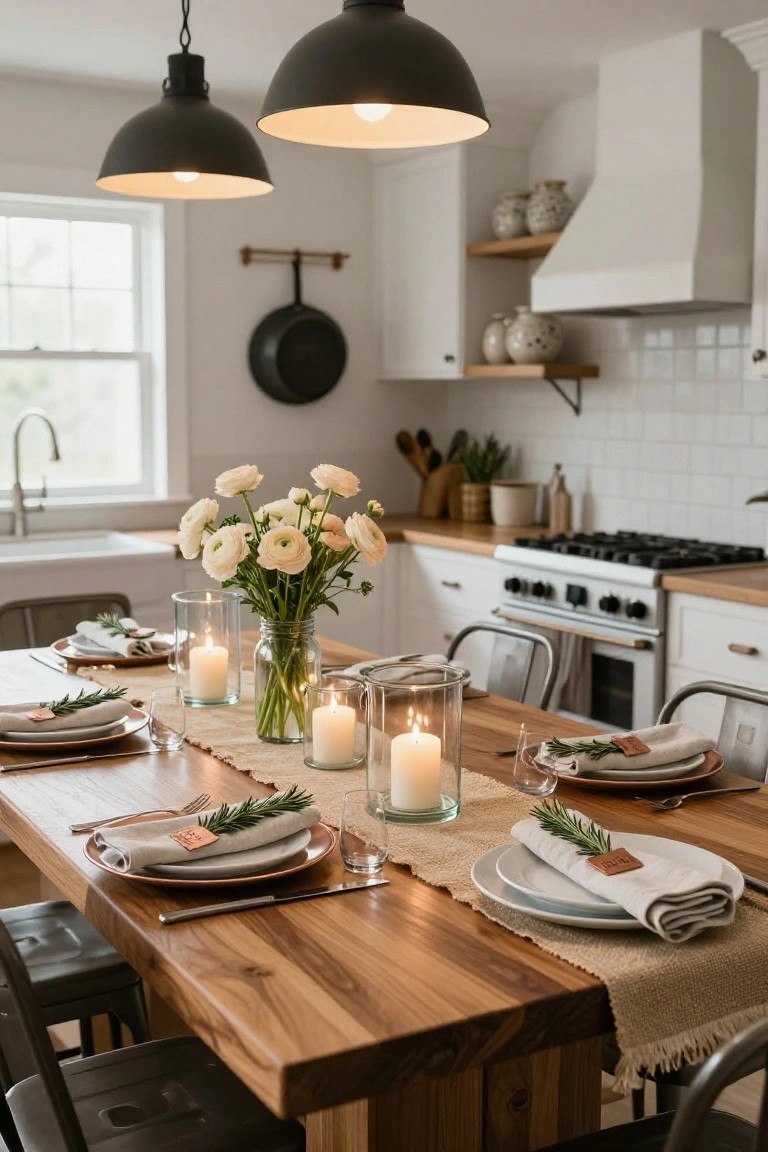 A wooden dining table in a white kitchen set for a meal with rose gold charger plates under white dishes, beige linen napkins with rosemary sprigs and metal tags, glass candles, a vase of white flowers, and a burlap runner.