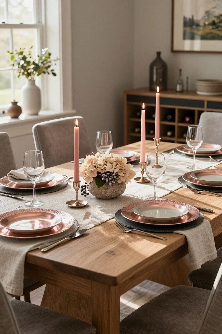 Dining table set for six with rose gold charger plates under white plates, glass stemware, pink taper candles in gold holders, a beige runner, and a creamy hydrangea floral centerpiece in a stone pot, beside beige upholstered chairs in a light room with sideboard and window.