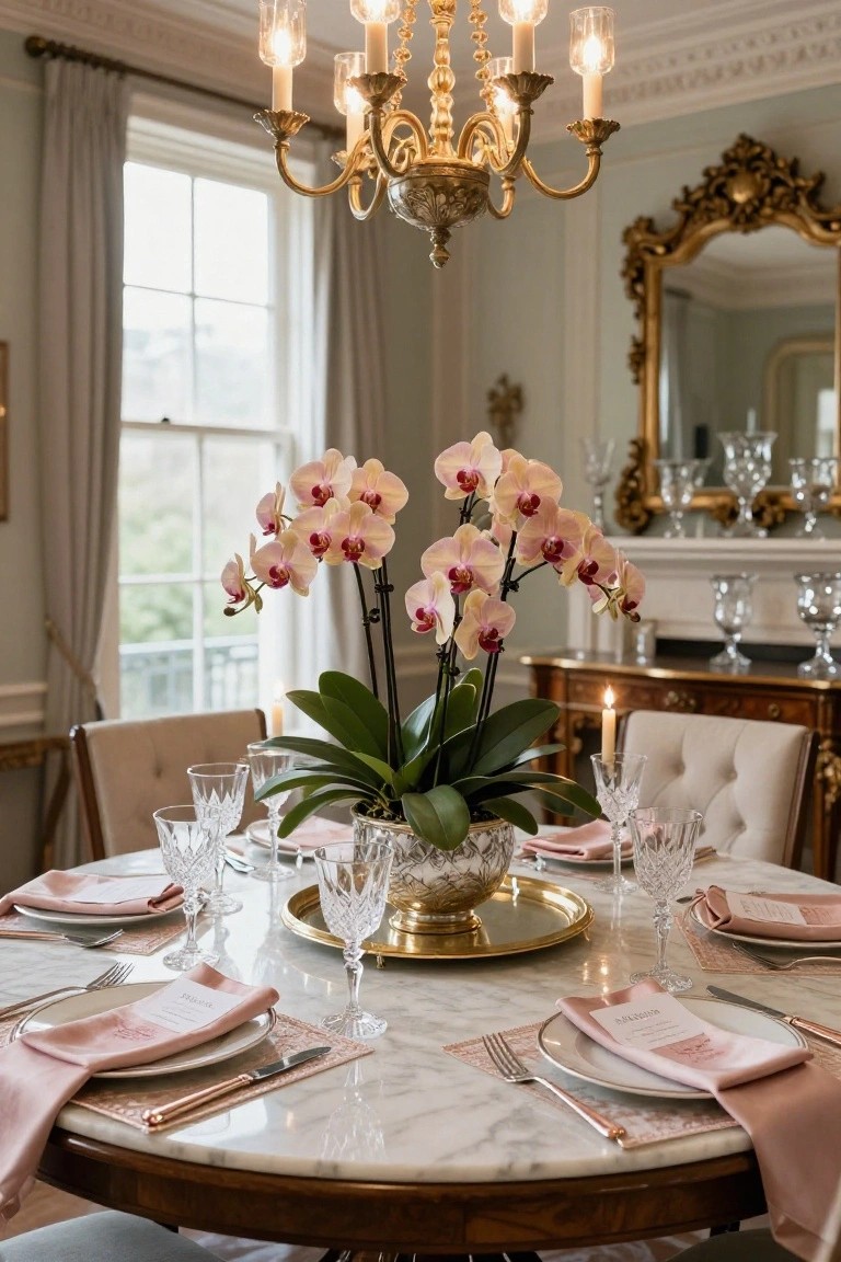 A round marble-topped dining table set for six with rose gold-handled flatware, pink linen napkins, crystal wine glasses, and a large pink orchid plant in a silver container as centerpiece, in an elegant room with chandelier, mirror, and window.