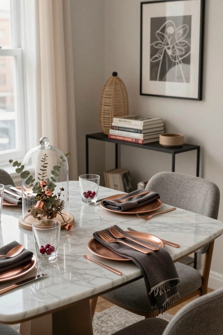 Close-up of a white marble dining table set for Christmas with rose gold plates and flatware, gray linen napkins, glassware with cranberries, and a glass dome centerpiece holding eucalyptus branches and copper bells, beside gray upholstered chairs and a black metal shelf.