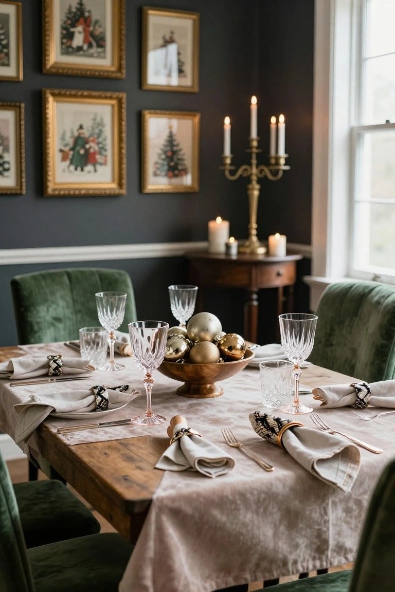 Dining room table set for Christmas with rose gold tinted stemware and tumblers, gold ornaments in a wooden bowl centerpiece, white napkins with black and gold cuffs, emerald green velvet chairs, dark walls with gold-framed artwork, and a brass candelabra nearby.
