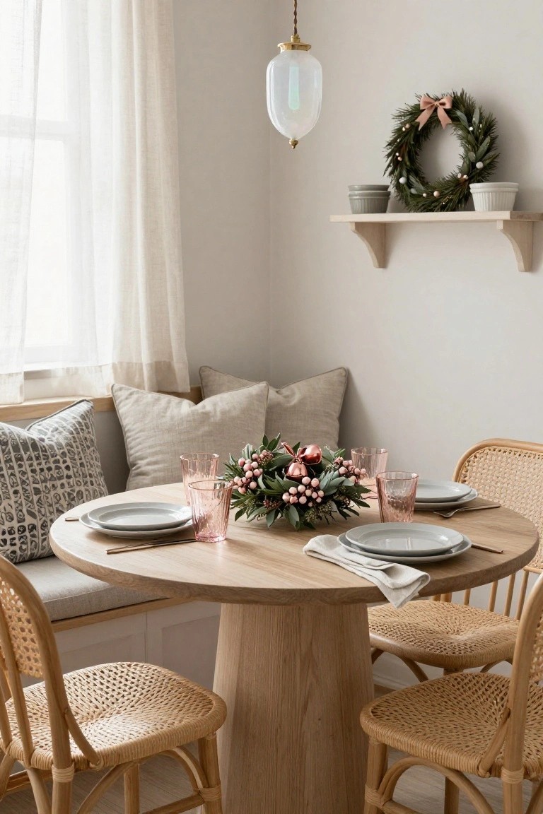 Light-filled interior dining nook with round oak pedestal table, rattan chairs, built-in bench seating with cushions, set with white plates, rose-colored glasses, berry and metallic pomegranate centerpiece, sheer curtains, and Christmas wreath on shelf.
