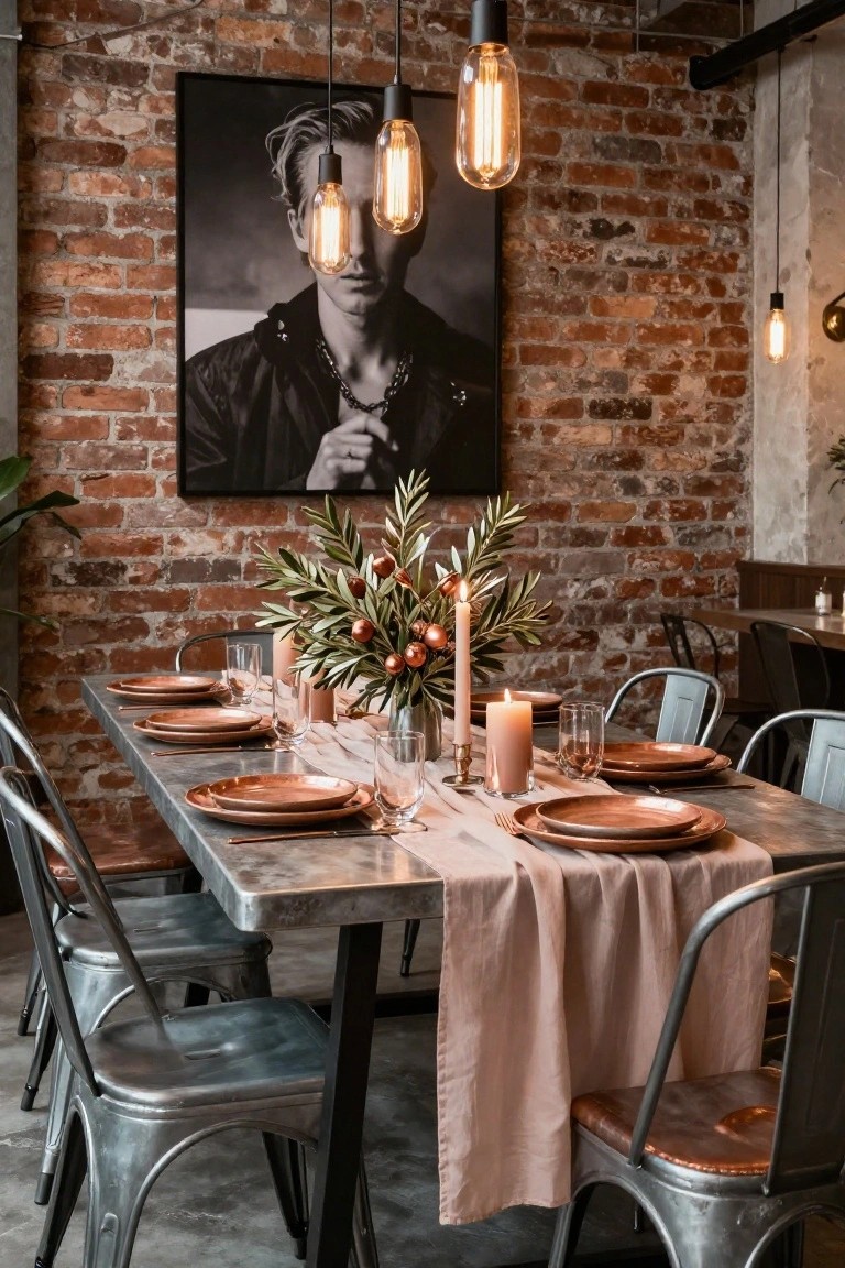 Dining table with rose gold plates, stacked dishes, glassware, beige runner, candles, and olive branch centerpiece with berries, set against brick wall with metal chairs and pendant lights in industrial interior.