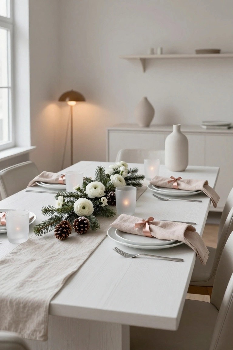 A white dining table set for Christmas with a centerpiece of white anemones, green fir branches, pinecones, beige napkins tied with rose gold ribbons, white plates, glass candle holders, and neutral chairs in a light room.