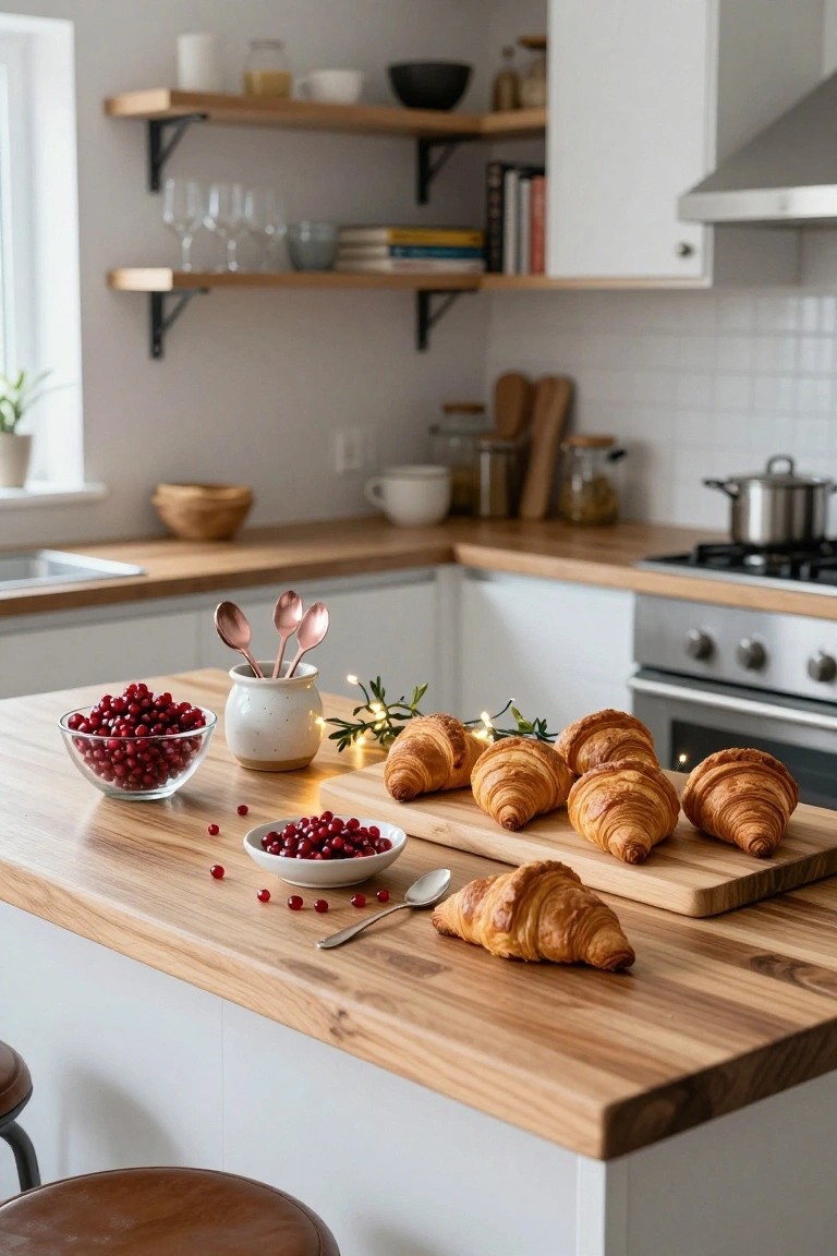 Kitchen island countertop holding a wooden cutting board with croissants, glass and ceramic bowls of red cranberries, three rose gold spoons in a white jar, evergreen branches with fairy lights, and a single croissant on the wood surface.