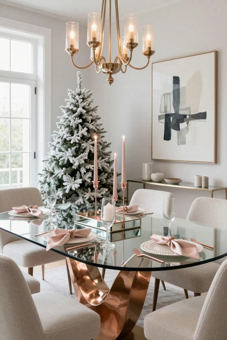 Dining room featuring a round glass table with rose gold base and legs, set with pink napkins, gold-rimmed plates, wine glasses, and candles, next to a flocked white Christmas tree, brass chandelier overhead, and console table with pink taper candles.