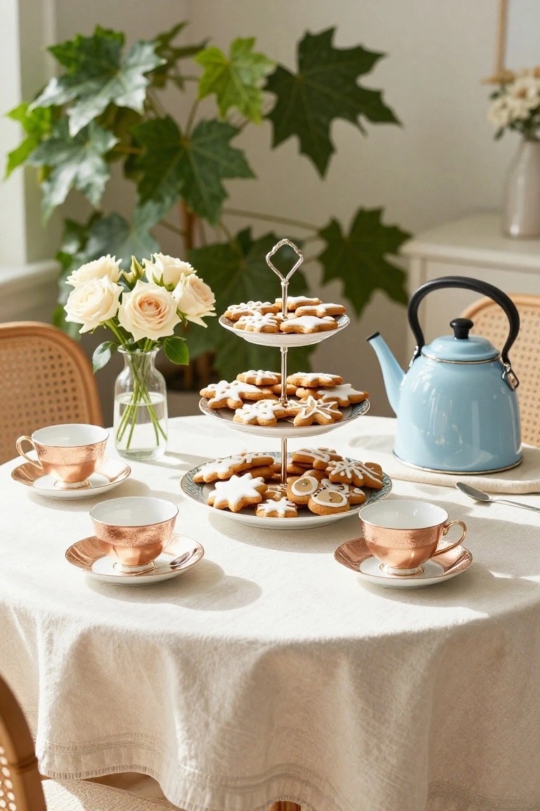 A sunlit dining table with rose gold teacups and saucers, a three-tiered stand of snowflake-shaped gingerbread cookies, a blue enamel teakettle, white roses in a vase, potted plants, and rattan chairs.