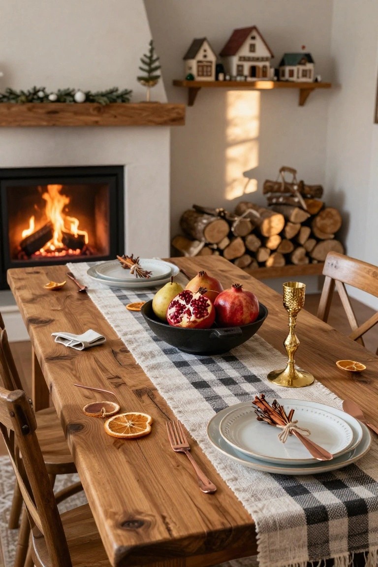 Wooden dining table in front of a stone fireplace with black bowl of pomegranates and pears, rose gold candlestick, copper utensils, orange slices, checkered runner, and chairs in a cozy room with holiday shelf decor.