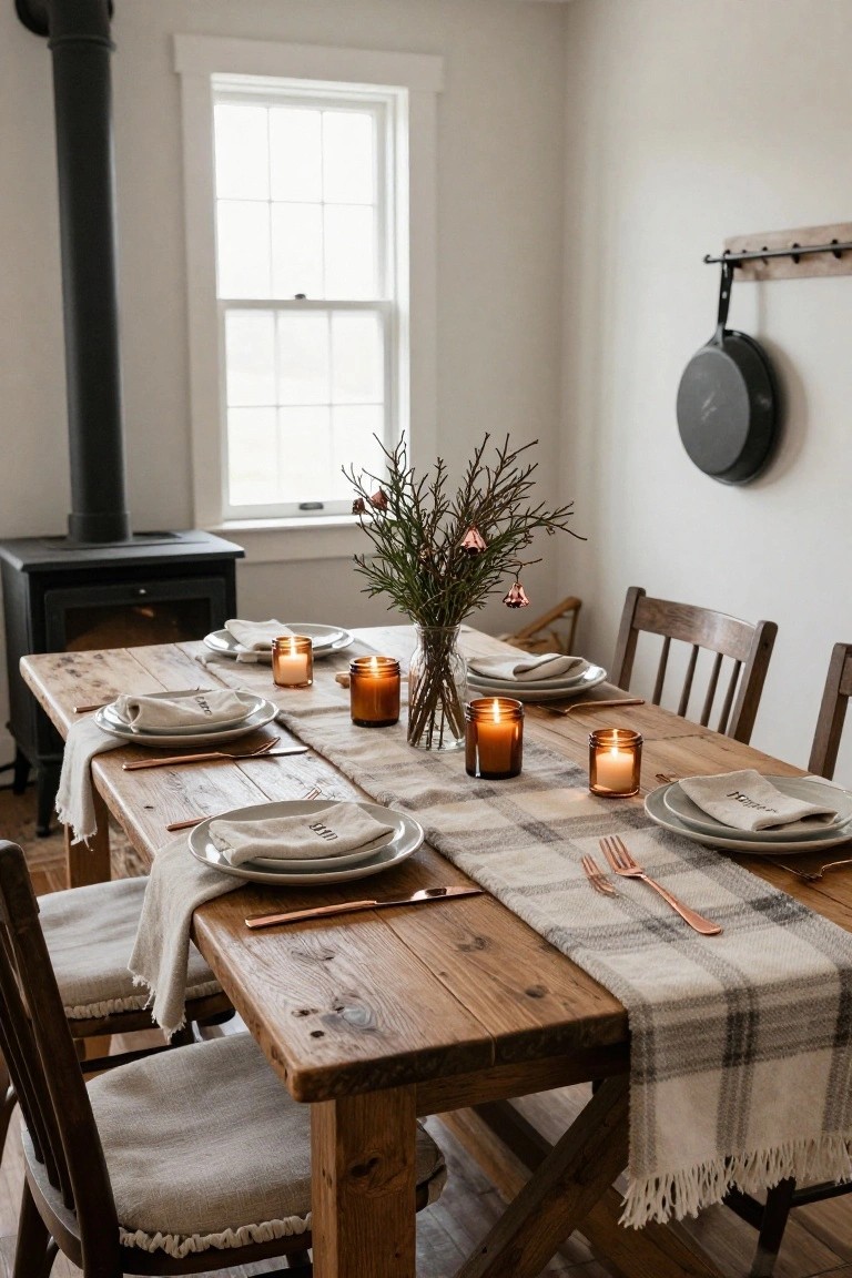 Wooden farmhouse dining table set for Christmas with rose gold flatware, white plates, linen napkins, amber glass candles, plaid runner, and branched centerpiece in a light room with wood stove and window.