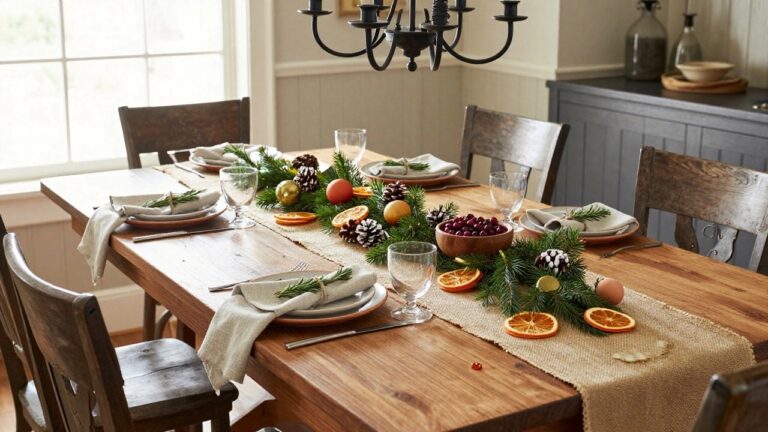 23 Rustic Christmas Table Decor Ideas That Add Country Charm Rustic wooden dining table set for Christmas with burlap runner topped by pine branches, dried orange slices, pinecones, wooden bowl of cranberries, and place settings including linen napkins, plates, glassware, and gold flatware.