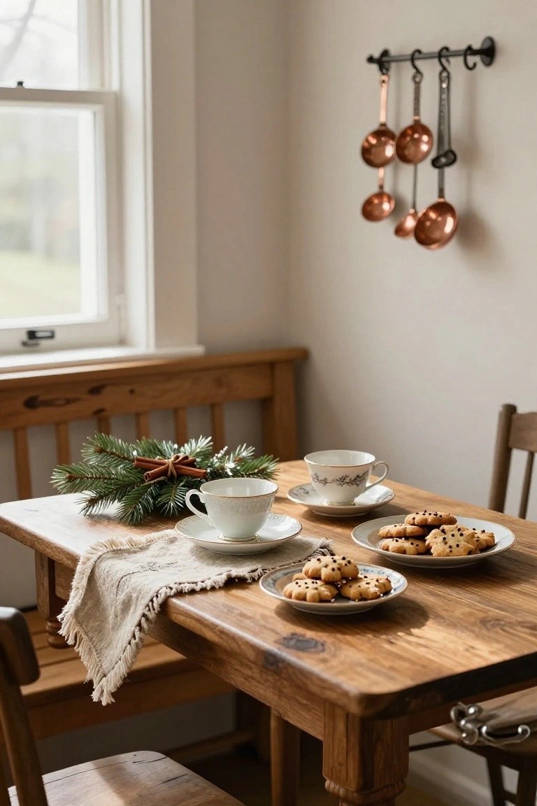 Wooden dining table in a kitchen nook with fir branch and cinnamon stick centerpiece, white teacups on saucers, plates of speckled cookies, beige runner, wooden benches, and copper utensils hanging on the wall near a window.