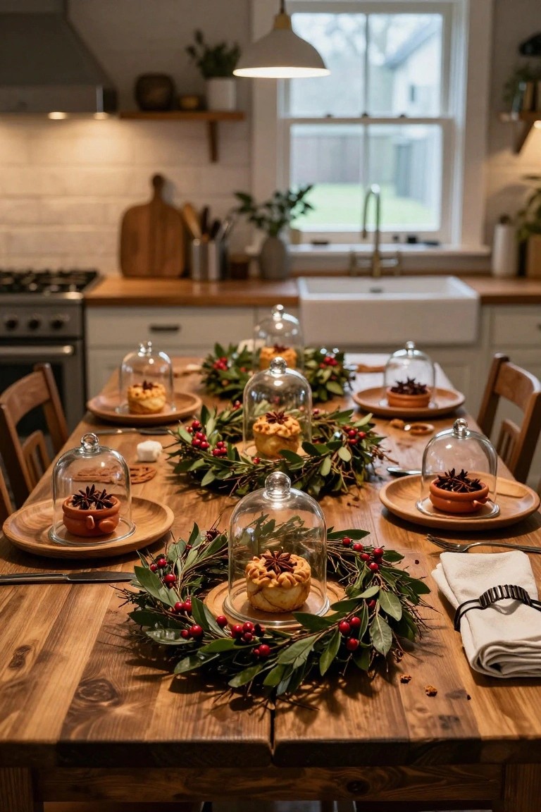 Rustic wooden dining table in a kitchen with glass cloches covering mini pastries, star anise in clay pots, and spices, surrounded by holly garlands and berries.