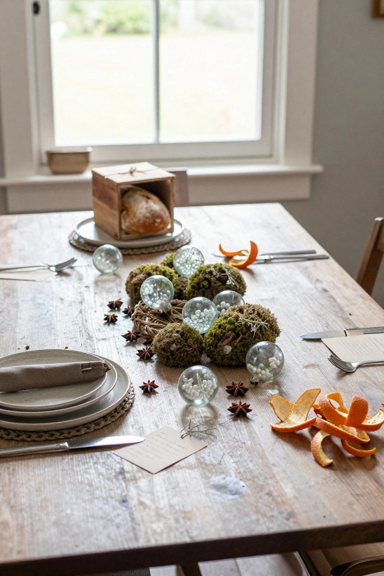 Rustic wooden dining table topped with clustered green moss balls, glass spheres filled with white pearls, orange peels, star anise, a wooden box holding bread, and simple white plates with linen napkins.